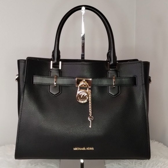 MICHAEL KORS HAMILTON BLACK Pebbled LEATHER MEDIUM SATCHEL SHOULDER BAG - Picture 2 of 5